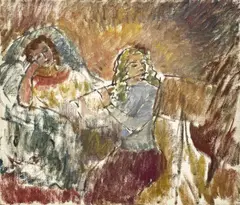 Sketch of Two Girls, One Playing the Flute by Clara Klinghoffer, oil on canvas, sold Apr 2025