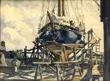 Blue Sailboat in Drydeck by Charles Longabaugh, 1937, watercolor, sold Apr 2025