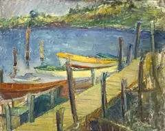 Wharf and Boats by Clara Klinghoffer, c. 1951, oil on board, sold Apr 2025