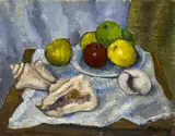 Untitled (Still Life with Shells and Apples) by Albert Bela Bauer, 1977, oil on canvas, sold Apr 2025