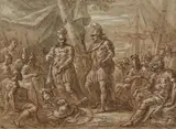Campement militaire, scène de l'histoire romaine by John Michael Rysbrack, Plume et encre brune, lavis brun et gris, sanguine et rehauts de blanc, sold Mar 2015