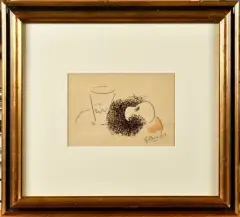 Le verre et la pomme, vers 1963 (Oeuvre originale pour Mourlot 116 - Vallier 189) by Georges Braque, Encre brune et graphite sur papier, sold Jun 2023