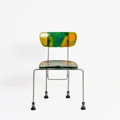 Stuhl 'Broadway' by Gaetano Pesce, 1993, Metallrohr, verchromt, Epoxidharz, blau-grün und gelb, Kunststoff, schwarz, Metallfedern (Bernini, Carate Brianza), sold Oct 2026