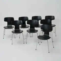 Acht Stühle '3103' by Arne Jacobsen, 1955, Metallrohr, verchromt, Schichtholz, schwarz gefasst (Fritz Hansen, Allerød, 1973), offered Oct 2026