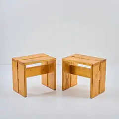 Zwei Hocker 'Les Arcs' by Charlotte Perriand, um 1968, Kiefernholz (Frankreich), offered Oct 2026