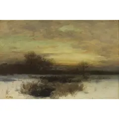 Snowy Wooded Scene at Dusk by Julian Rix, oil on panel, sold Sep 2026