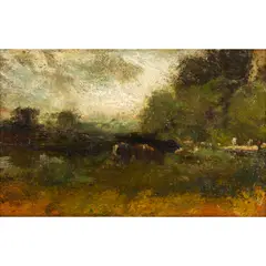 Untitled (Cows Grazing) by William Keith, oil on cigar box top, sold Sep 2026