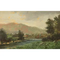 River and Mountains by Julian Rix, oil on board, sold Sep 2026