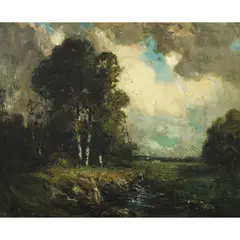 Verdant Landscape with Stream by Julian Rix, oil on canvas, sold Sep 2026