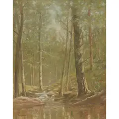 Connecticut Woods by Emil Carlsen, oil on board, sold Sep 2026