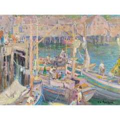 Unloading the Catch by E. Charlton Fortune, oil on canvas board, sold Sep 2026