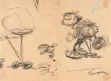 André FRANQUIN by André Franquin, Pliure verticale courant le long du dessin, une tache sous la main, traces d’adhésif ancien aux coins. Papier légèrement, offered Nov 2023