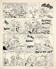 Albert UDERZO by Albert Uderzo, Encre de Chine et gouache correctrice pour la planche 3 de cet album publié en 1975 aux éditions Dargaud. Signé, dédicac, sold Nov 2023
