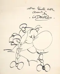 Albert UDERZO by Albert Uderzo, Feutre sur papier pour une grande dédicace représentant Obélix. Dédicacé et signé., sold Nov 2023