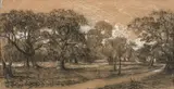 Vue présumée du parc du manoir de Chambourcy by Auguste Clésinger, Crayon noir et craie blanche sur papier, sold Feb 2022