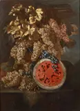 Composition aux grappes de raisins et à la pastèque by Giovanni Battista Ruoppolo, Huile sur toile, sold Feb 2022