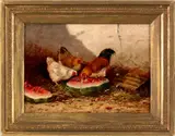 of chickens and watermelon by J. Sorver, oil on canvas, sold Jun 2012
