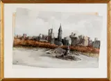 depicting the Philadelphia skyline by James Ross, watercolor, sold Jun 2012
