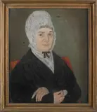 portrait of a woman seated in a painted chair by Micah Williams, pastel, sold Apr 2012