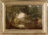 landscape titled Bathing in the Dell by Russell Smith, oil on canvas, sold Apr 2012