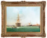 of the H.M.S. Victory at Anchor off the Sea Wall at Portsmouth by Martyn Mackrill, oil on canvas, sold Apr 2012