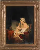 interior scene with mother and child by Petrus Theodorus van Wyngaerdt, oil on panel, sold Apr 2012