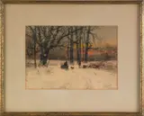 winter landscape of a man gathering wood with a horse drawn sleigh by Frank F. English, watercolor, sold Apr 2012