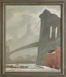 winter cityscape of a New York City bridge by Bela De Tirefort, oil on canvas, sold Apr 2012