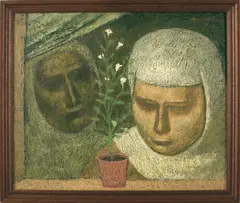 of two women in hijabs by Nuri İyem, oil on board, sold Apr 2012