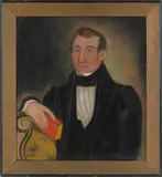 portrait of a gentleman holding a red book by Asahel Powers, oil on canvas, sold Apr 2012