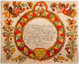 fraktur birth certificates for Daniel and Samuel Romig by Blousy Angel Artist, ink and watercolor, sold Apr 2012