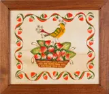 theorem of a bird perched on a strawberry basket by William Rank, oil on velvet, sold Feb 2012