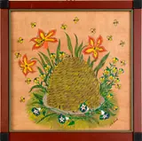 drawing of a bee skep basket surrounded by bees by G. B. French, watercolor, sold Feb 2012