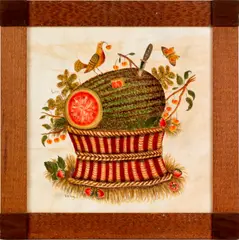 theorem of a bird perched on a watermelon in a basket by David Y. Ellinger, oil on velvet, sold Feb 2012