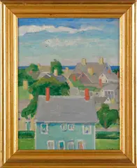 of a town scene by George Lear, oil on board, sold Feb 2012