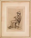 of a boy playing the flute by John George Brown, etching, sold Feb 2012