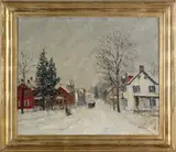 winter street scene titled Snowstorm Quakertown by Walter Emerson Baum, oil on canvas, sold Jan 2012