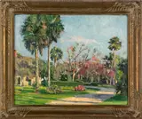 southern landscape with palm trees by Morris Hall Pancoast, oil on board, sold Jan 2012