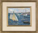 coastal scene with sailboats by Marguerite Stuber Pearson, oil on board, sold Jan 2012