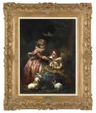 of two children playing with rabbits by Faustin Besson, oil on panel, sold Jan 2012