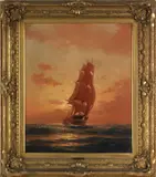 of a clipper ship at sunset by Warren Sheppard, oil on canvas, sold Jan 2012