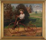 of a young boy riding a tricycle by Henry Braunstein, oil on canvas, sold Jan 2012