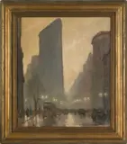New York street scene depicting the Flatiron Building by Bela De Tirefort, oil on canvas, sold Jan 2012