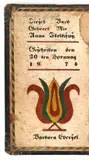 bookplate in a book for Anna Stoltzfus by Barbara Ebersol, 1874, watercolor and ink on paper, sold Jan 2012