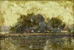Untitled (Reflection of Trees on the River) by Charles W. Dahlgreen, 1911, oil on canvas, sold May 2025