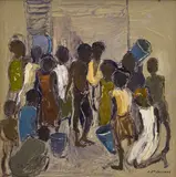 People and Buckets by Carlo Jean-Jacques, oil on masonite, sold Jul 2025