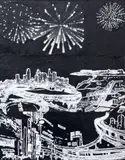 Untitled (Cityscape) by Janet Cooling, 2021, mixed media on canvas, sold Jul 2025