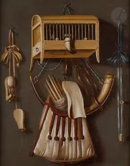 Corne et cage d’oiseau en trompe-l’œil by Johannes Leemans, Toile, sold Jun 2021