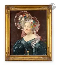 Portrait de femme à la coiffe de fleurs by Sophie Fremiet, Toile d’origine, sold Jun 2021