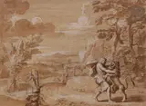 Samson prend le miel dans la gueule du lion by Michel Corneille, Plume et encre noire sur traits de crayon noir, lavis sépia et rehauts de gouache blanche, sold Jun 2021